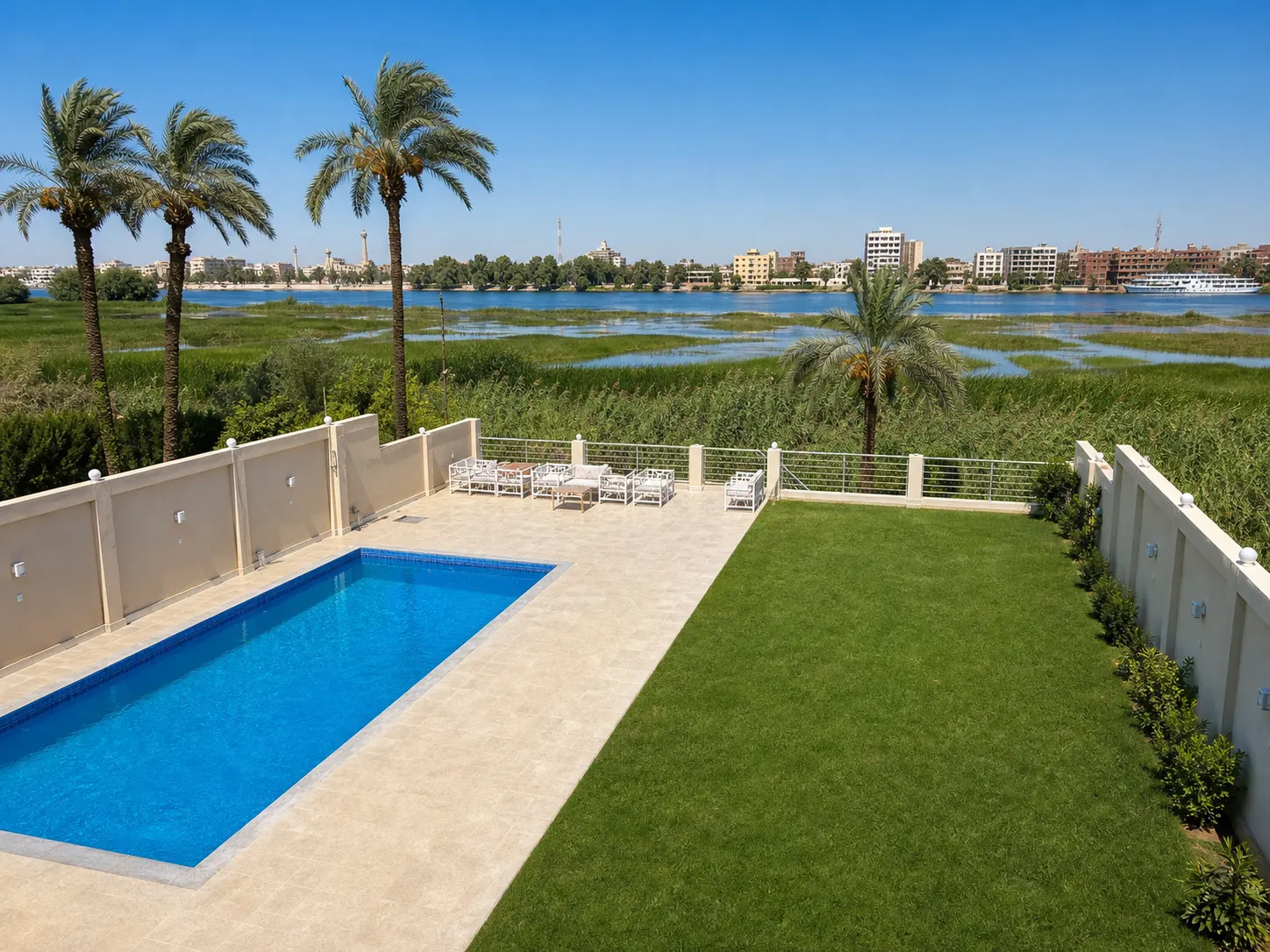 Royal Nile Villas approved illustration of the shared pool, garden and Nile outlook