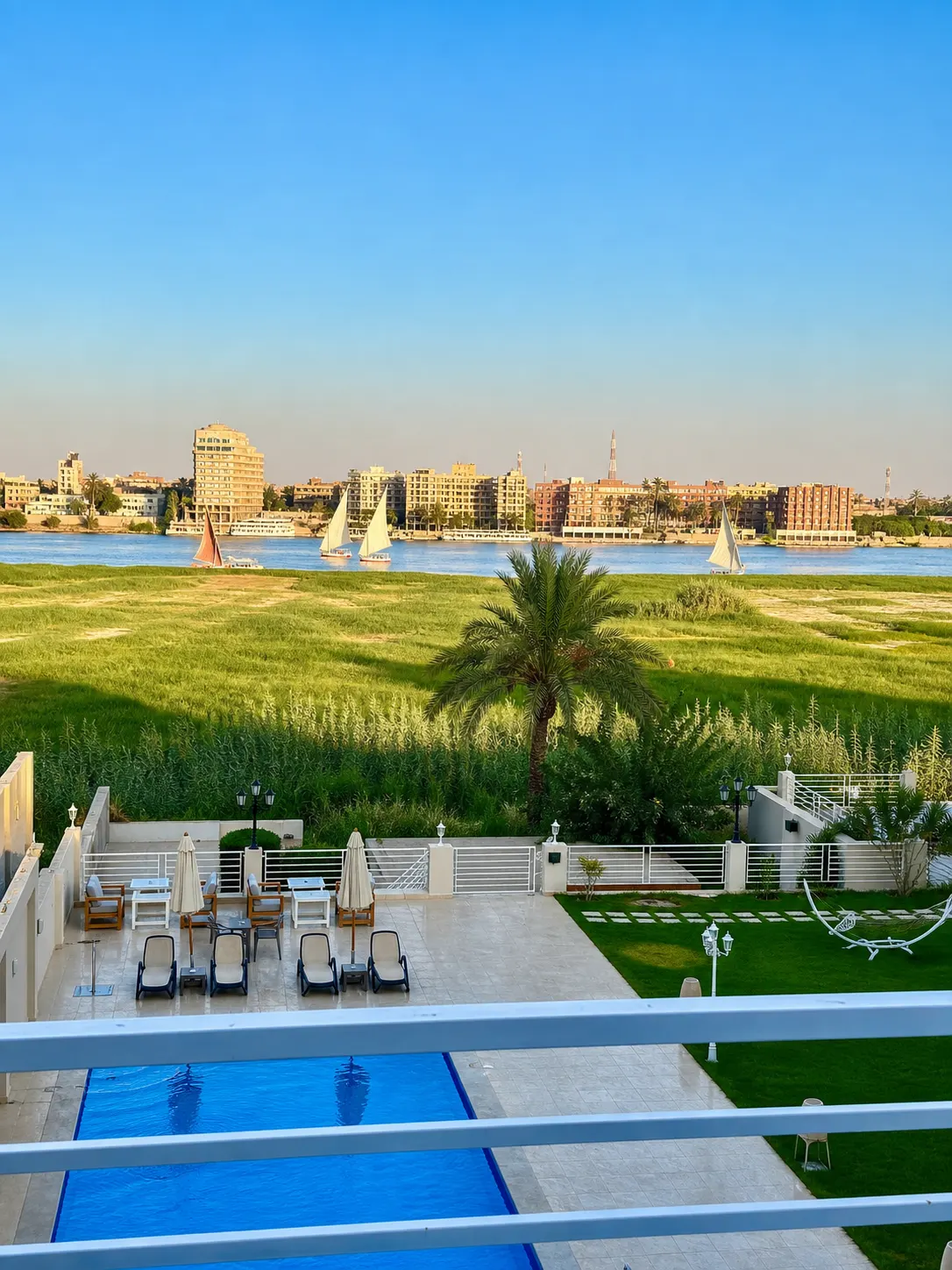 Nile and pool outlook from Sky Penthouse 1 at Royal Nile Villas